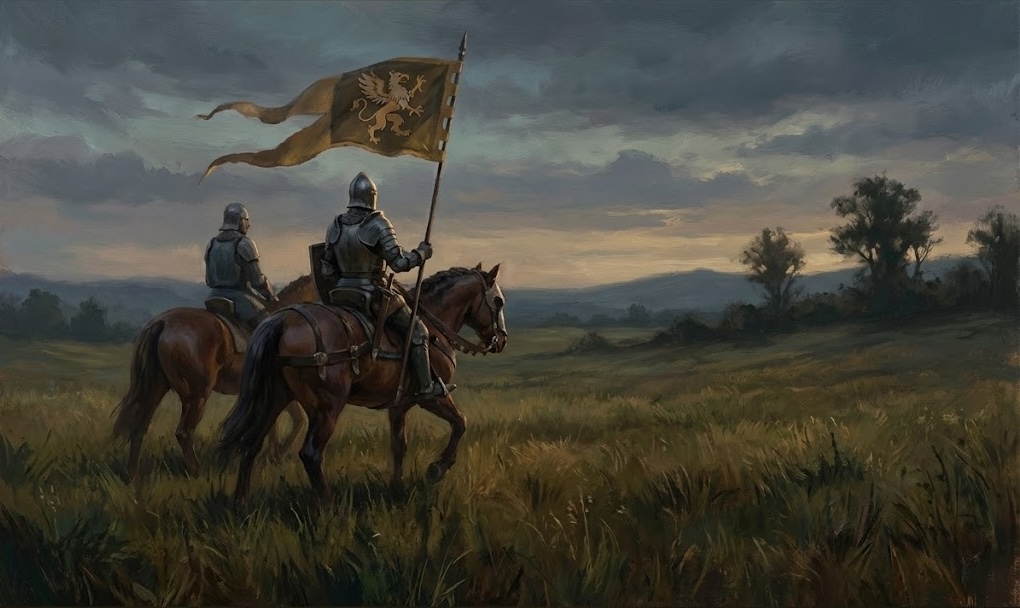 Knight and fellow rider, mounted and carrying their banner.